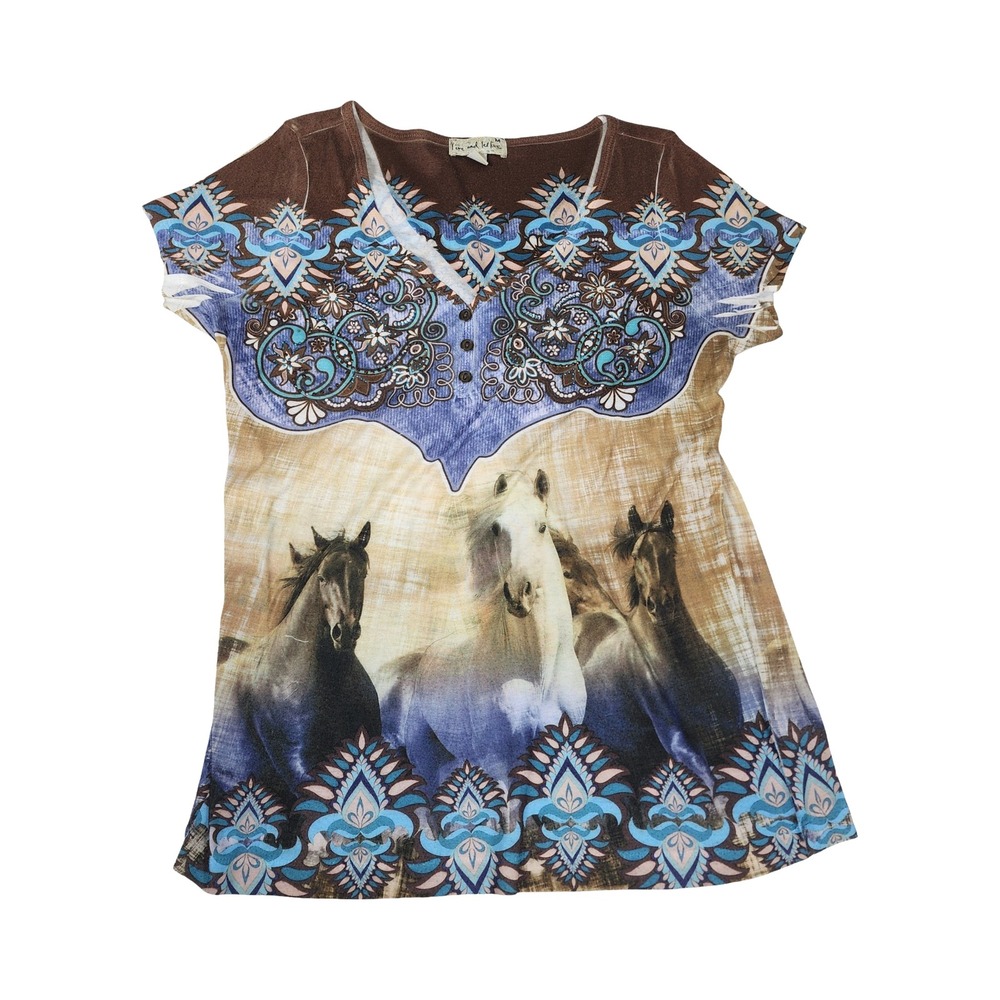 Live and Let Live Womens Horse Graphic Print Boho V-Neck Top Brown Blue Medium‎